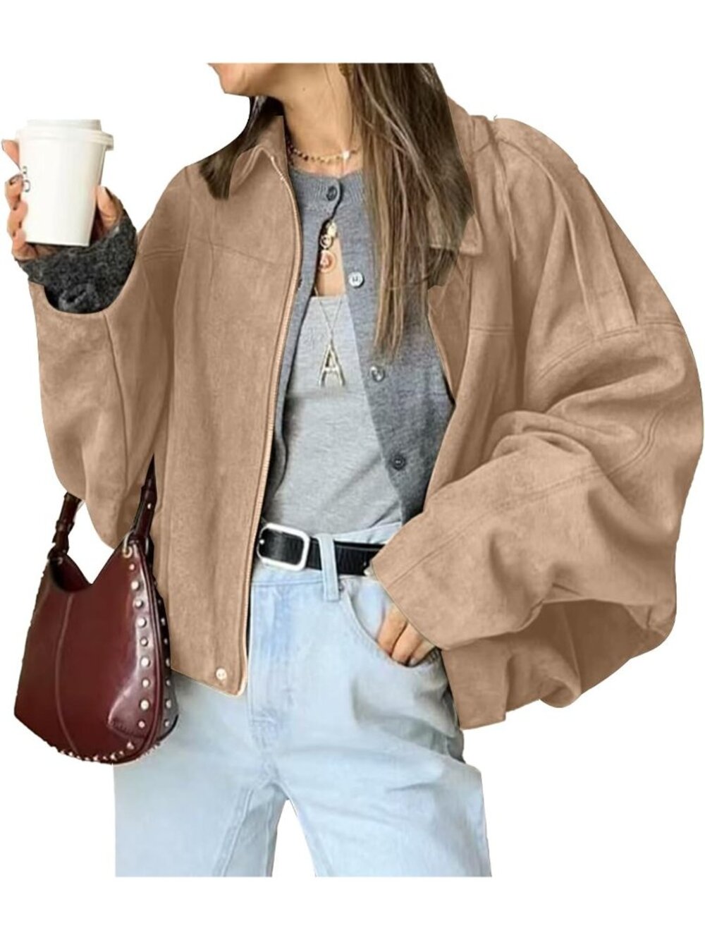 Women's Khaki Oversized Faux Suede Collared Hidden Zipper Pilot Bomber Jacket